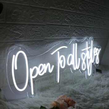 Open To All Styles White Neon Sign