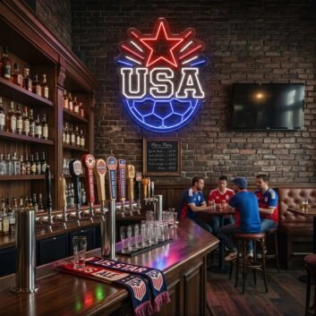 USA Soccer Star LED Neon Sign, Patriotic Red White &amp; Blue Team Sports Wall Decor Light, American Football Star Silhouette Light for Man Cave, Bar, Fan Cave Event Display