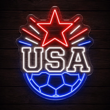 USA Soccer Star LED Neon Sign, Patriotic Red White & Blue Team Sports Wall Decor Light, American Football Star Silhouette Light for Man Cave, Bar, Fan Cave Event Display