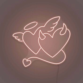 Angel and Devil Hearts Neon Art Playful Duality and Temptation