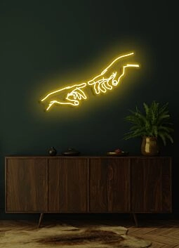 Touching hands Neon Connection and Humanity in Light