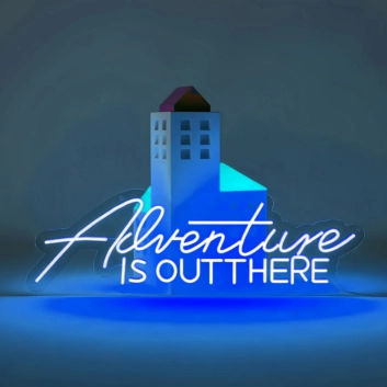 Neon sign &quot;Adventure is Out There&quot;