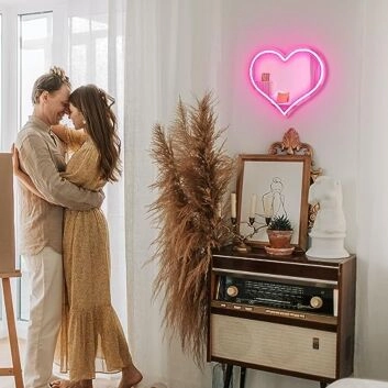 Loving Reflections Heart-Shaped Pink Neon Mirror Wall Decor