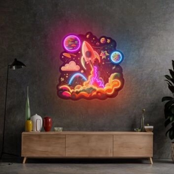 Rocket Launching Into Galaxy Led Neon Sign Light Pop Art