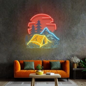 Camping Under Red Moon Led Neon Sign Light Pop Art