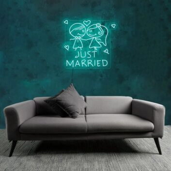Customize JUST MARRIED Cartoon Bride and Groom Romantic Decor Neon