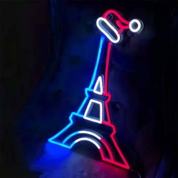 Eiffel Tower with Santa Hat Neon Sign