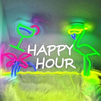 Happy Hour Flamingo Sunglasses Palm Tree Neon Sign