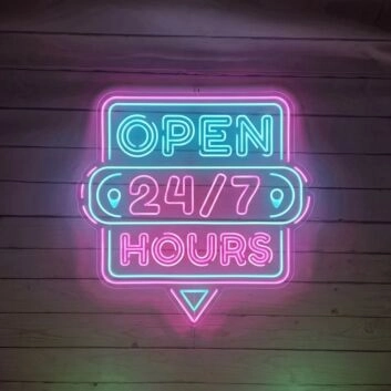 24/7 Open Hours Neon Sign for Businesses and Shops