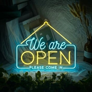 We Are Open Blue and Yellow Neon Sign for Businesses and Shops