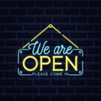 We Are Open Blue and Yellow Neon Sign for Businesses and Shops
