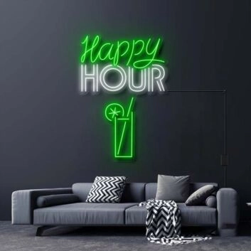 Happy Hour With Alcoholic Drink Neon Sign for Bars and Social Spaces