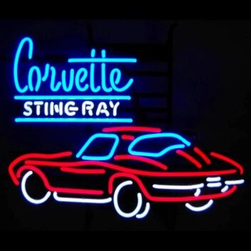 Corvette Stingray Neon Car Signs Hung On Black Background for Car Enthusiasts
