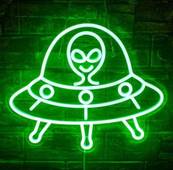 Green UFO Neon Sign Alien Theme Kids Room