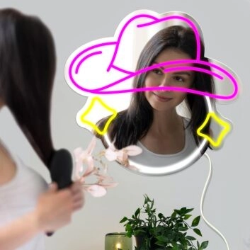 Hat Styling Neon Mirror Sign Fashion Studio Vibes
