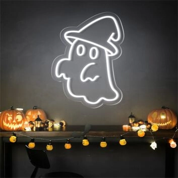 Brighten Up Your Halloween Festivities: Cute Ghost Hat Halloween LED Neon Sign Perfect for Home Decor, Office Spookiness, and Bar Celebrations