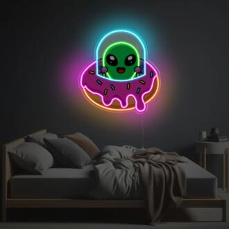 Elevate Your Space with Alien With Donut UFO LED Neon Acrylic Artwork - Perfect for Home Decor, Office Ambiance, and Bar Atmosphere.