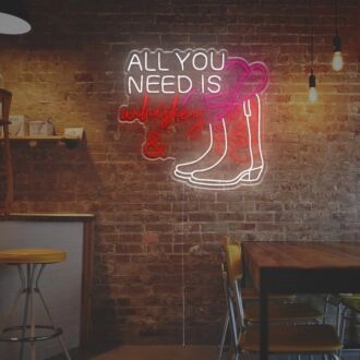 Elevate your bar or man cave ambiance with the All You Need Is Whiskey And Cow Boy Boost LED Neon Sign.
