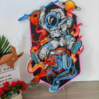 Brighten Your Space Adventures: Astronauta And Tiger Spaceman Uv Neon Sign for Home Decor, Kids' Rooms, and Sci-Fi Themed Parties.