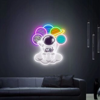 Light Up Your Space Adventures: Astronauts Sitting On Cloud Space UV Neon Sign Perfect for Kids’ Rooms, Home Offices, and Sci-Fi Themed Parties.