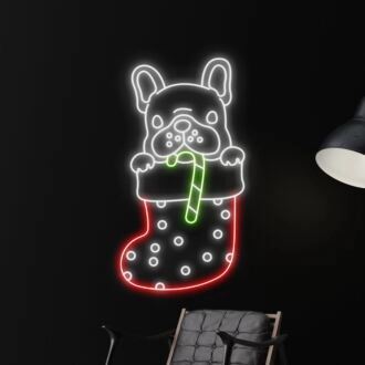 Elevate Your Festive Decor: Bulldog With Christmas Stocking Led Neon Sign for a Joyful Holiday Ambiance in Homes, Parties, and Bars