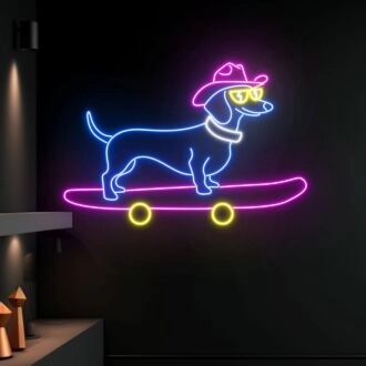 Brighten Up Your Space: Cowboy Dachshund Skateboarding Led Neon Sign - Perfect for Home Decor, Bars, and Party Ambiance.