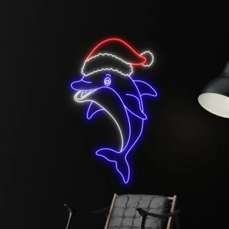 Brighten Up Your Festivities: Dolphin Christmas Hat Led Neon Sign for Sea Animal Enthusiasts - The Perfect Addition to Home Decor, Office Celebrations, and Holiday Parties.
