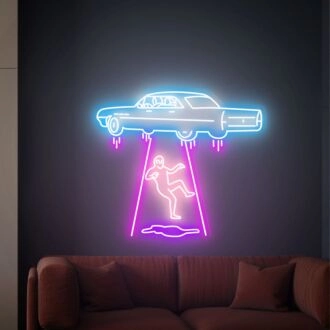 Elevate Your Space with Adventure: Perfect for Kids' Rooms, Themed Parties, and Sci-Fi Bars - Flying Car Led Neon Sign Kidnapping Alien Neon Light Sign