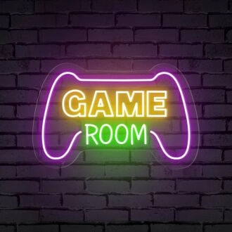 Enhance your gaming sanctuary or add a cool vibe to parties with the Game Room Words Console Controller Neon Sign.