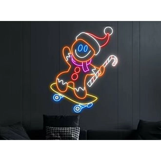 Brighten Your Festive Season: Perfect for Christmas Decor, Parties, and Store Windows with Gingerbread Man Skateboarding Led Neon Sign Xmas Neon Light.