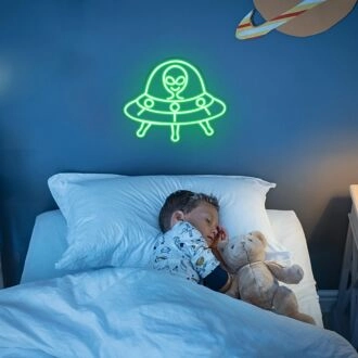 Green UFO Neon Sign Alien Theme Kids Room
