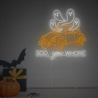 Light Up Your Halloween Festivities and Themed Parties with the Eerily Charming "Halloween Boo You Whore Ghosts In Car LED Neon Sign" - Perfect for Spooky Decor in Homes, Bars, and Event Venues.