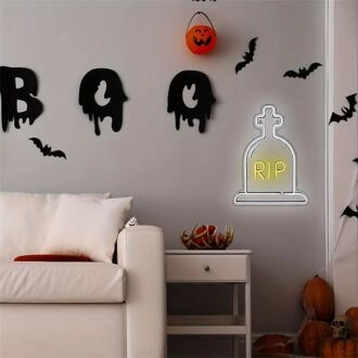 Transform your spooky season decorations into an enchanting display for home, office, and Halloween parties with the Halloween Cross LED Neon Sign Headstone LED Neon Lights.