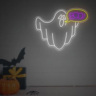 Transform any space into a spooky delight with the Halloween Ghost With Boo Text Bubble LED Neon Sign, perfect for home decor, themed events, bars, and store windows.
