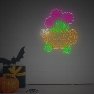 Brighten Up Your Halloween Festivities and Events with the Halloween Pooky Pumpkin Flowers LED Neon Sign - Perfect for Home Decor, Parties, and Themed Bars.