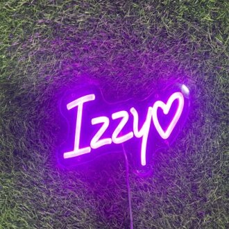 Brighten Your Space: Izzy With Heart Purple LED Neon Sign for Home Decor, Bars, and Romantic Weddings.