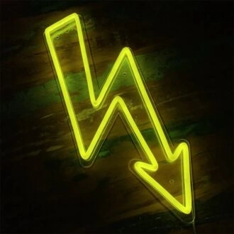 Brighten Your Space: Yellow Lightning Shaped Arrow LED Neon Light for Office, Bar, and Wedding Ambiance.
