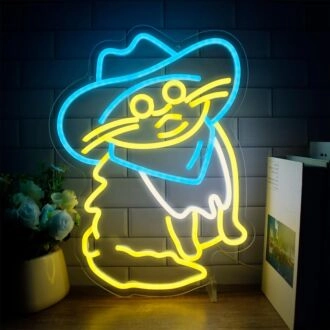 Brighten Your Bar, Office, or Home Decor with a Charming Touch using the Cute Cat In Ice Blue Cowboy Hat Neon Sign.