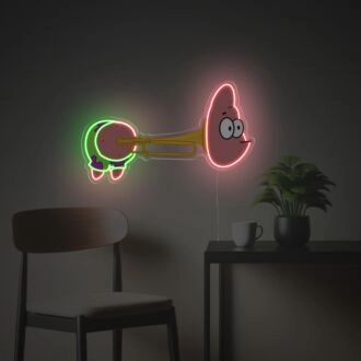 Verschönern Sie Ihre Bar oder Ihren Musikraum mit dem verspielten Leuchten des LED-Neon-Acrylkunstwerks "Patrick Star steckt im Saxophon".