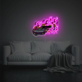 Peppen Sie Ihre Dekoration auf: Lila Flammen-Sportwagen LED-Neon-Acrylkunstwerk Perfekt für Bars, Männerhöhlen und Auto-Themen-Events.