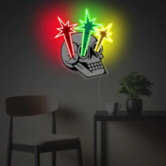Beleuchten Sie Ihre Bar, Ihr Büro oder Ihre Männerhöhle mit dem markanten Leuchtenden Schädelkopf LED Neon Acrylkunstwerk.