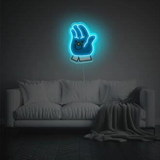 Erhellen Sie Ihren Raum: Smiley Blaues Hand LED Neon Acryl Kunstwerk für Wohnkultur, Büroumgebung und Schaufenster.