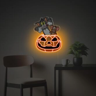 Erhellen Sie Ihre Halloween-Feier und thematische Dekoration: Tom und Jerry mit Halloween-Kürbis LED Neon Acrylkunstwerk für Zuhause, Party und Veranstaltungsambiente.