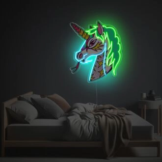 Erhellen Sie Ihren Raum: Einhorn mit grünen Haaren LED Neon Acryl Kunstwerk, perfekt für Kinderzimmer, Partys und trendige Wohnkultur.