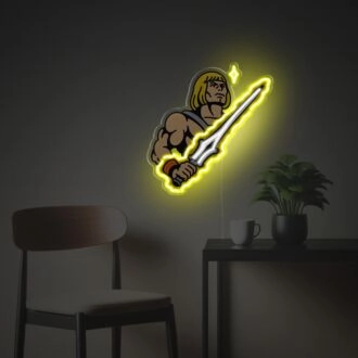 Beleuchten Sie Ihr Büro, Ihre Bar oder Ihr Gaming-Zimmer - Krieger mit gelbem Schwert LED-Neon-Acrylkunstwerk.
