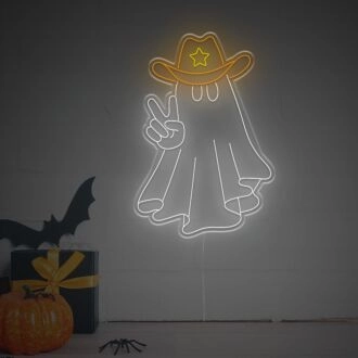 Verleihen Sie Ihrer Halloween-Atmosphäre das gewisse Etwas: Perfekt für Wohnkultur, Themenpartys und Bars - Halloween-Geist mit Cowboyhut und Stern LED-Neonschild.