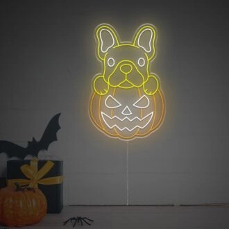 Beleuchten Sie Ihre Halloween-Feierlichkeiten und -Dekorationen mit dem charmanten Halloween-Kürbis mit kleinem Welpen LED-Neonschild für Zuhause, Bars und Partys.