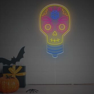 Schaffen Sie eine gruselige Stimmung für Halloween-Partys und Spukhäuser mit dem Halloween-Schädel-Glühbirnen-LED-Neonschild.