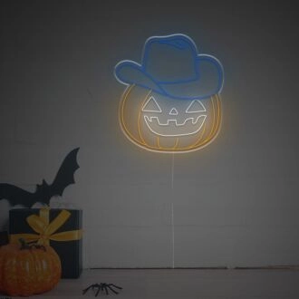 Beleuchten Sie Ihre Halloween-Feiern und Mottopartys mit dem Halloween-Lächelnder-Kürbis-mit-Cowboyhut-LED-Neonschild.