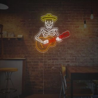 Bringen Sie die Fiesta in Ihren Raum: Mexikanisches Totenkopf-Mann spielt Gitarre LED-Neonlicht Perfekt für Bars, festliche Wohnkultur und lebendige Feiern.